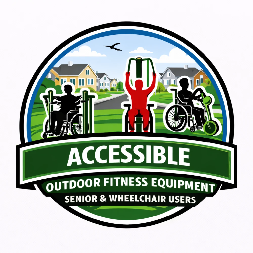 Accessible outdoor fitness equipment designed for seniors and wheelchair users in community park environments
